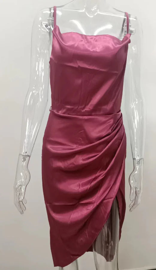 Midi Satin Dress Split Adjustable Strap – Fashionmaxco